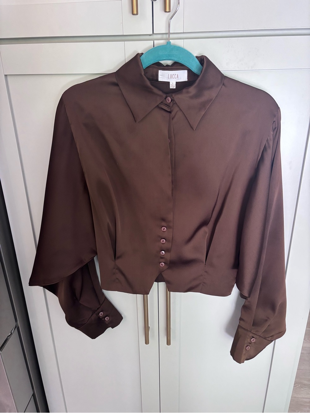 Lucca Chocolate Brown Satin Button-Front Crop Shirt